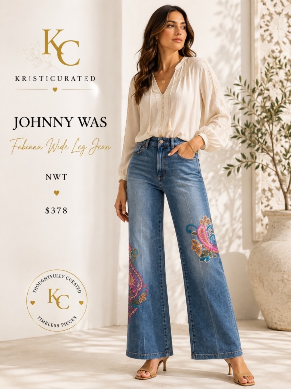 Johnny Was Fabiana Embroidered Wide Leg Jeans Size 25 NWT $378